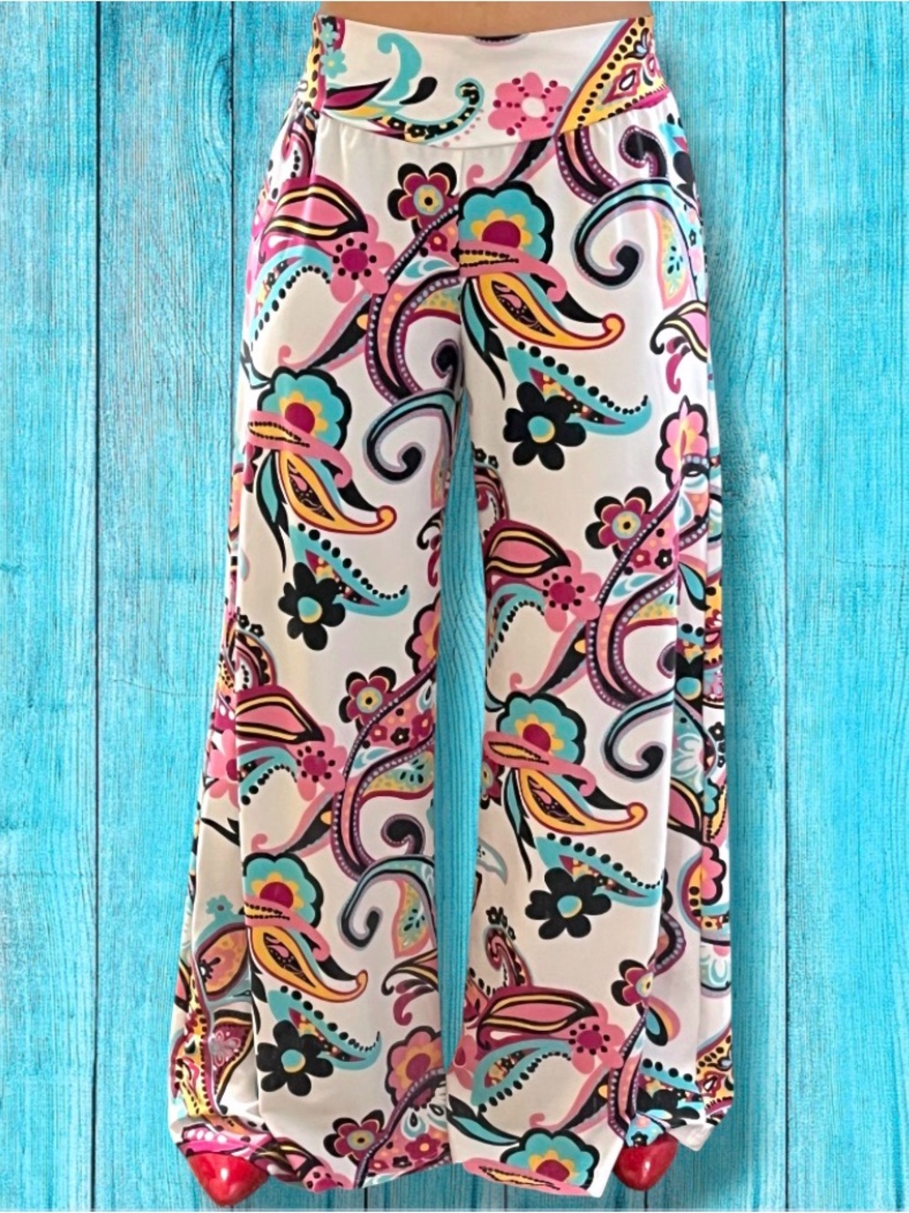 Aryeh Vibrant Ocean Colors White Paisley Print Wide Leg Casual Palazzo Pants S